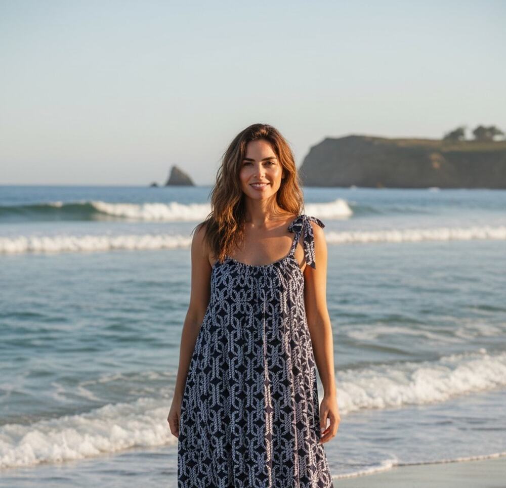 Escapada Dress Womens L Blue Geometric Rope Print Sleeveless Sundress Nautical